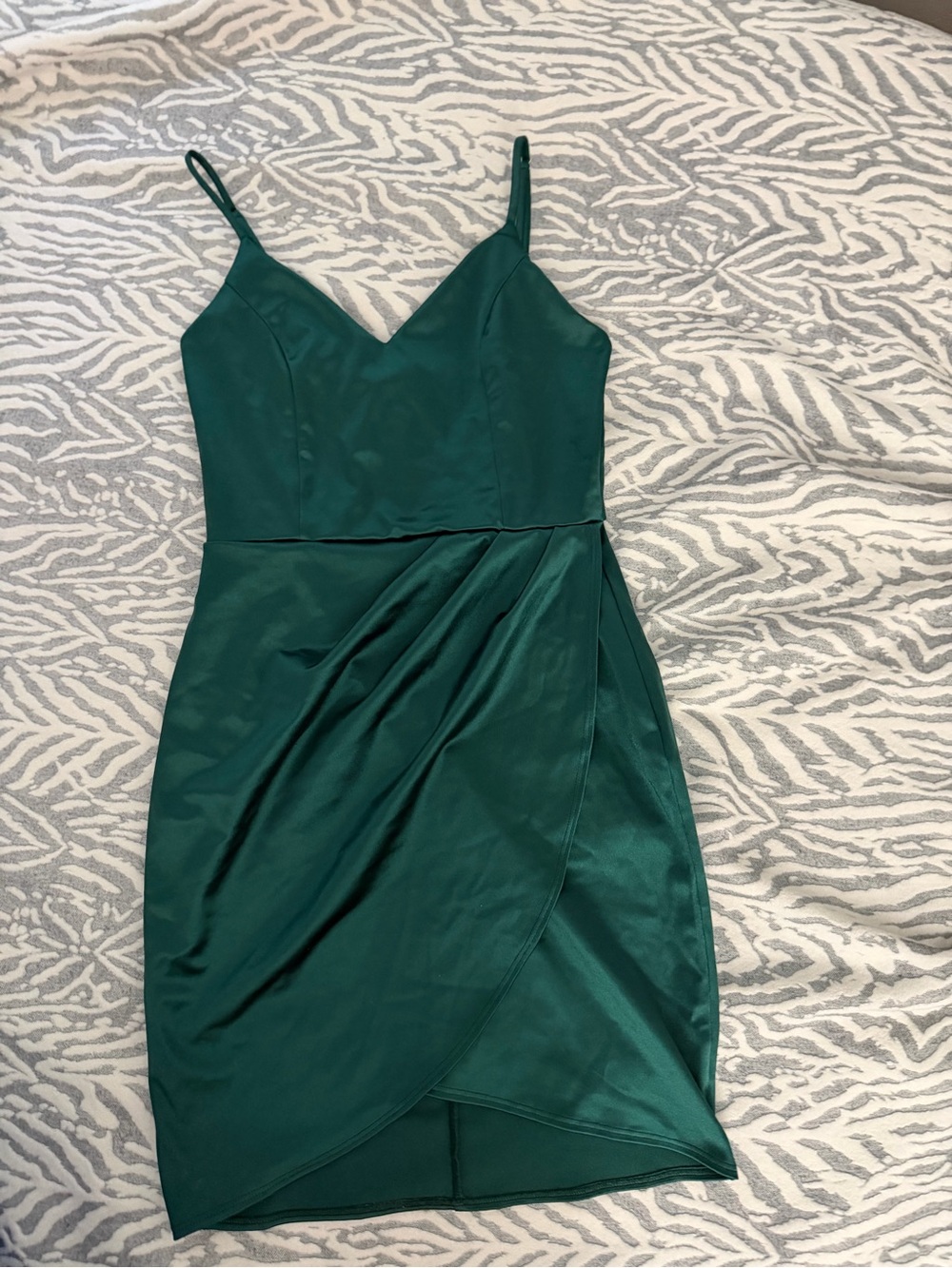 Blue Blush Emerald Green Satin Wrap-Front Mini Dress